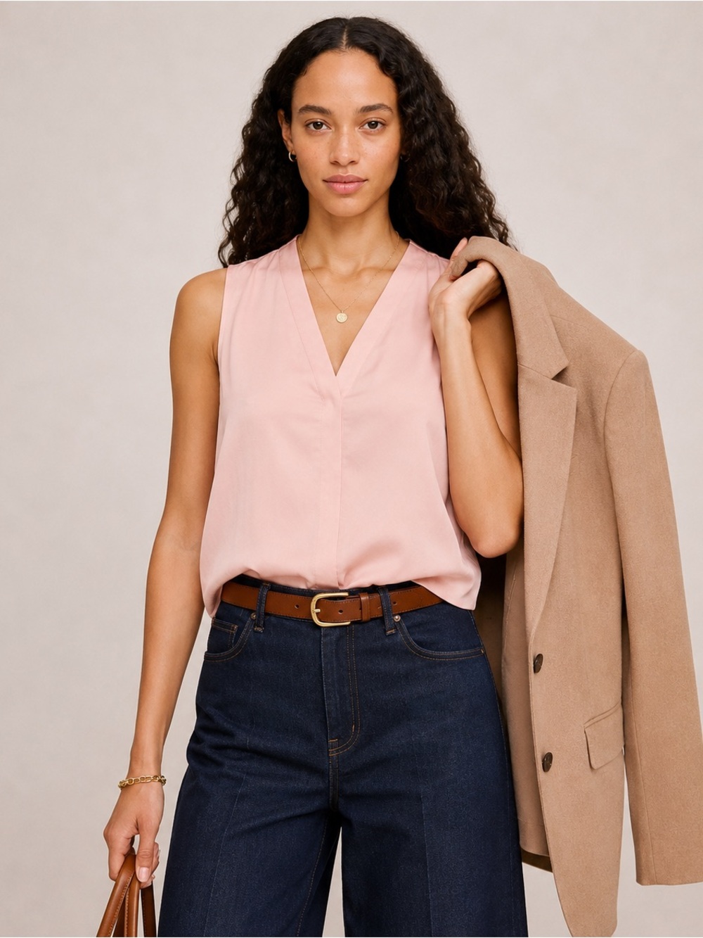 Banana Republic Blush Pink Satin V-Neck Sleeveless Blouse Top M